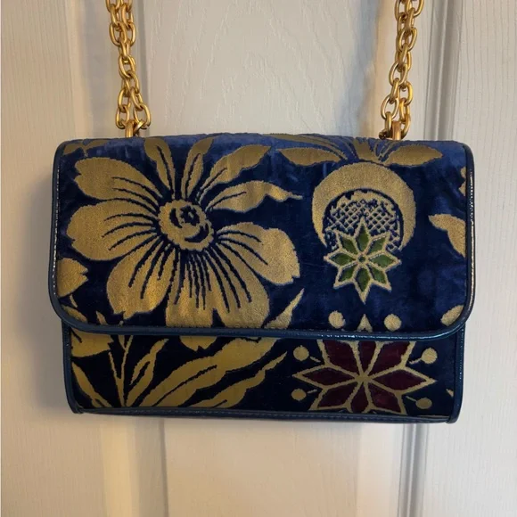 Tory Burch Blue Fleming Velvet Cosmic Floral Small Convertible Shoulder Bag